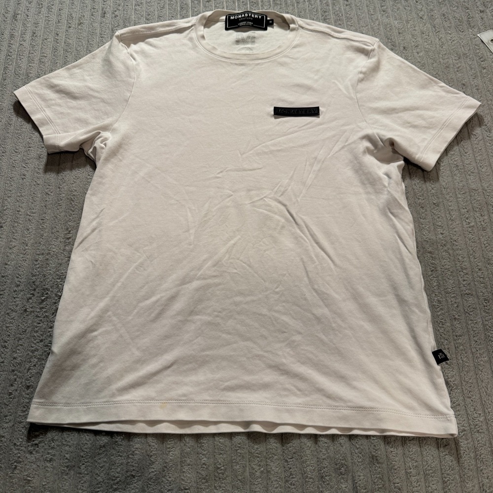 Monastery Couture Shirt Mens Small White Pima Cotton Graphic Tee Biagio MST Logo